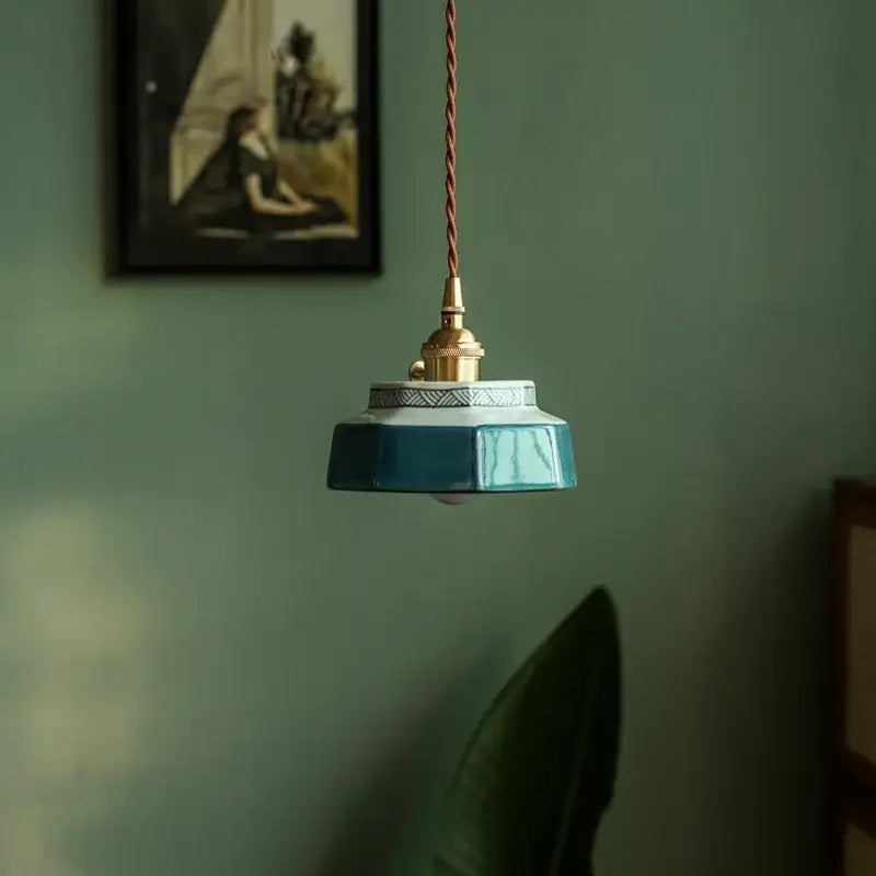 Vintage hexagonal red & green ceramic led pendant light kitchen
