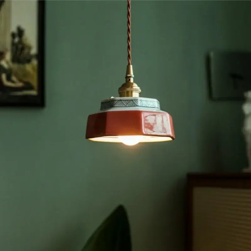Vintage hexagonal red & green ceramic led pendant light kitchen