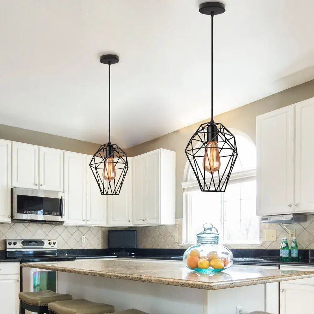 Vintage industrial black metal cage pendant light kitchen lighting