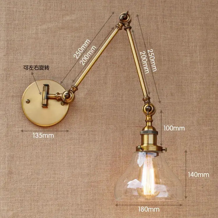 Vintage industrial brass glass ball swing arm light bedroom sconce