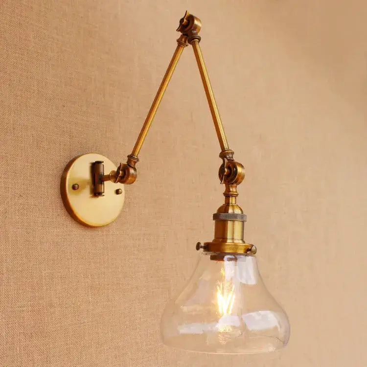 Vintage industrial brass glass ball swing arm light bedroom sconce