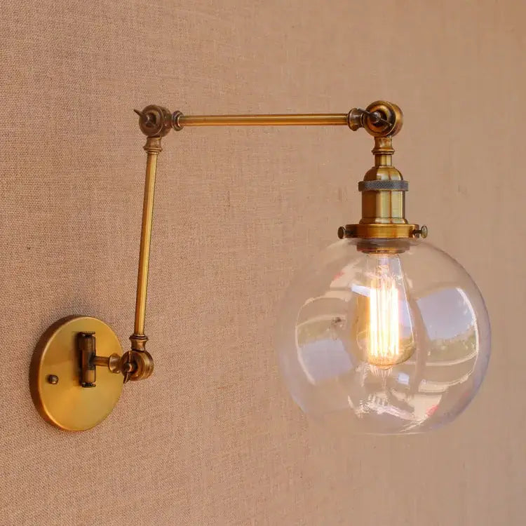 Vintage industrial brass glass ball swing arm light bedroom sconce