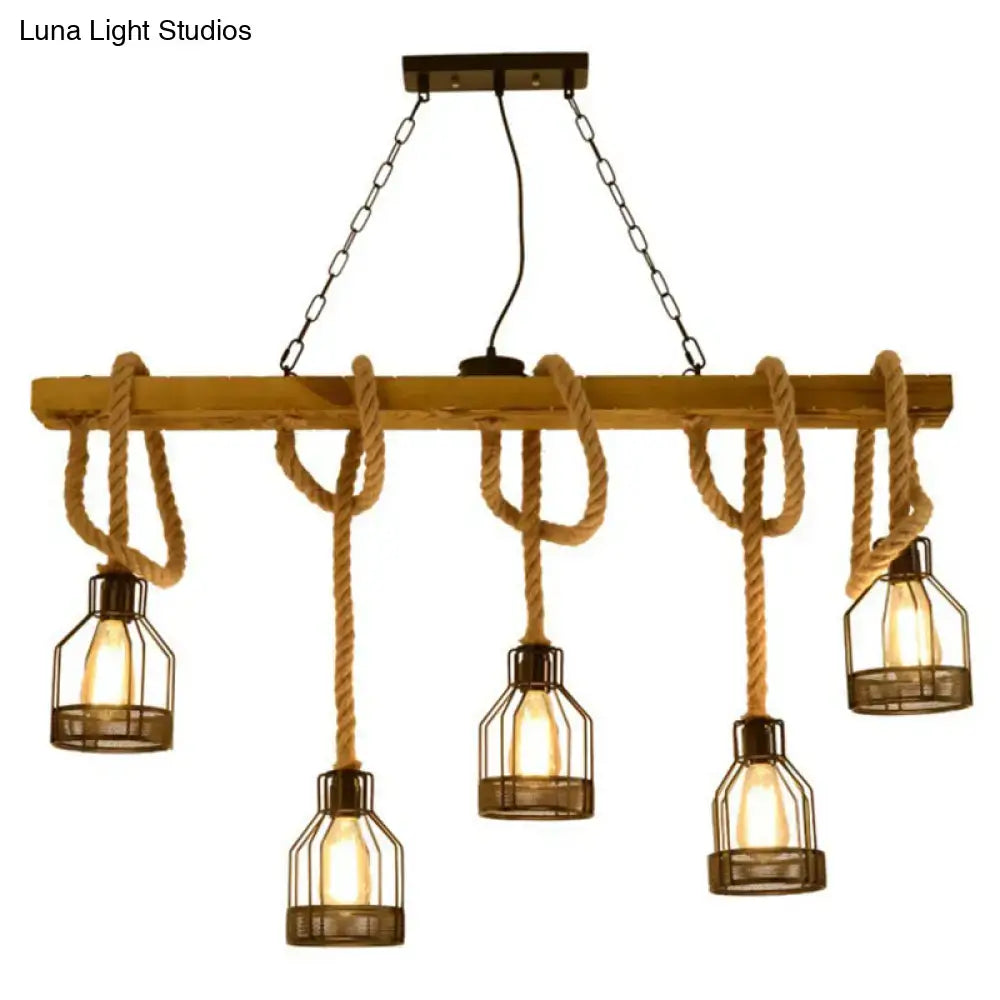 Vintage industrial wood and rope island lighting fixture kitchen