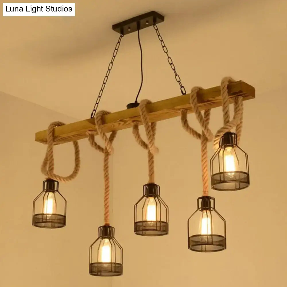Vintage industrial wood and rope island lighting fixture kitchen