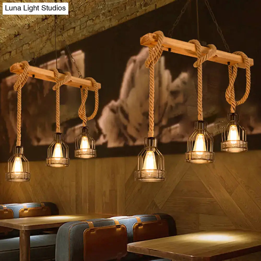 Vintage industrial wood and rope island lighting fixture kitchen