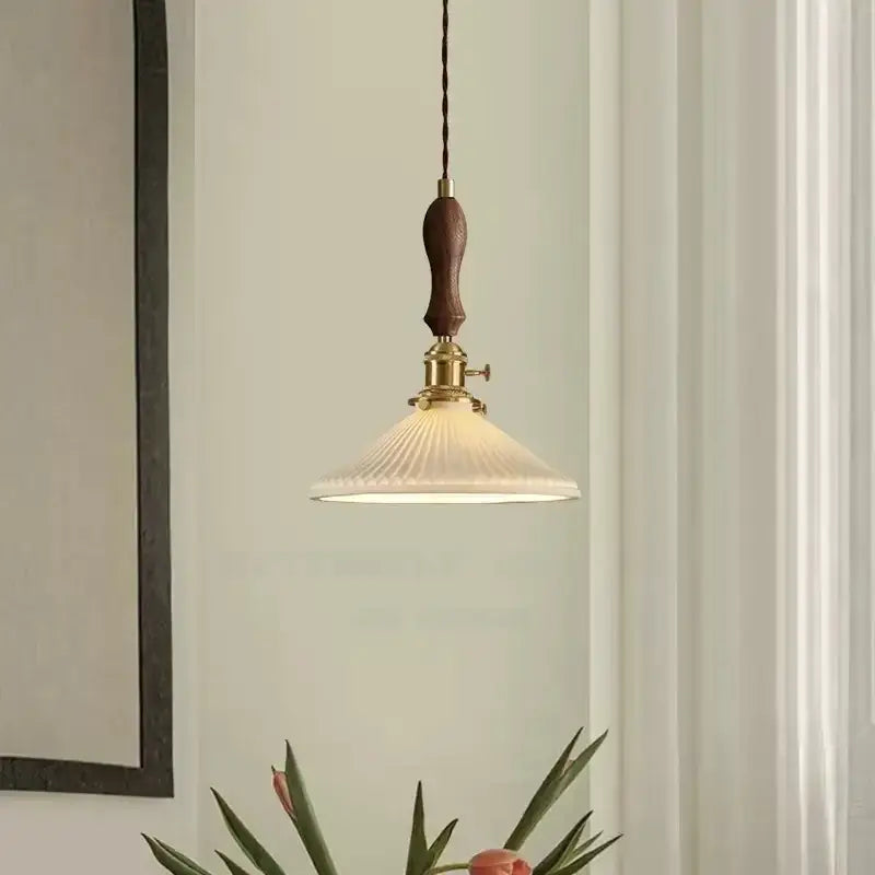 Vintage japanese ceramic led pendant lamp bedroom ribbed glass shade