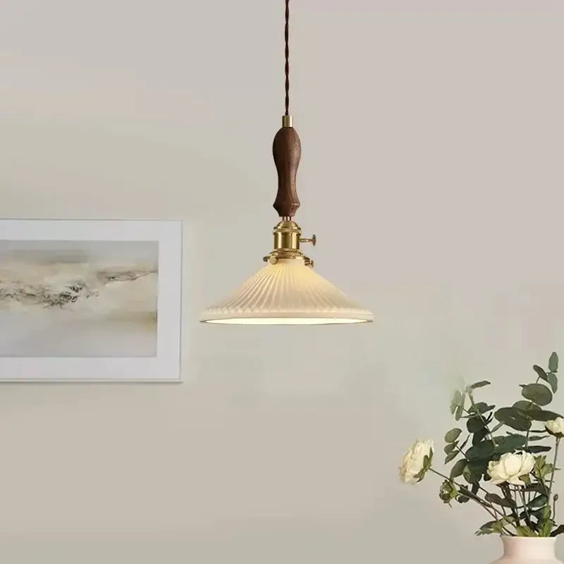 Vintage japanese ceramic led pendant lamp bedroom ribbed glass shade