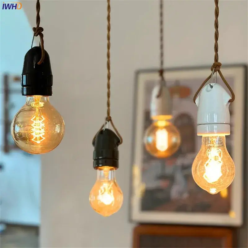 مصباح معلق سيراميك ياباني كلاسيكي بإضاءة LED للمطبخ أبيض وأسود