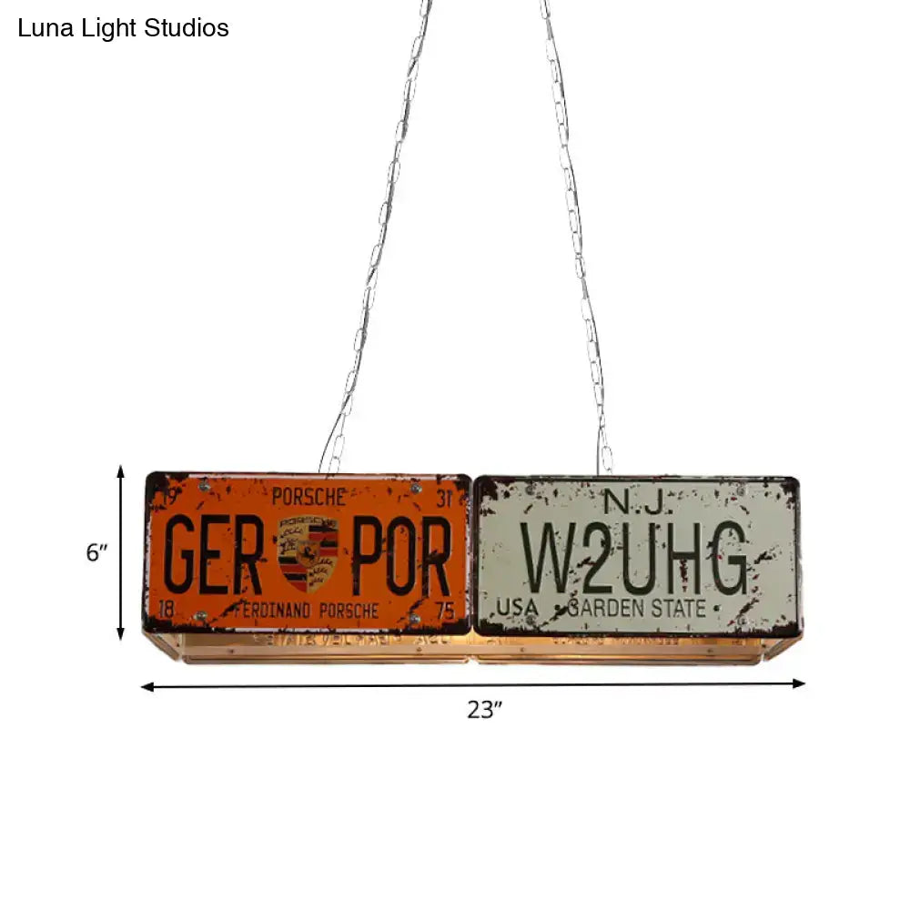 Vintage orange & white license plate island ceiling light dining room