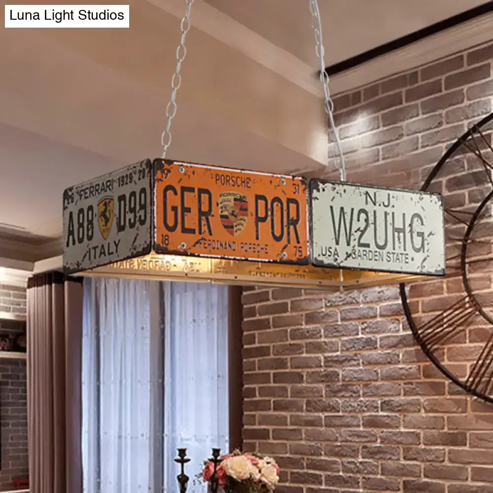 Vintage orange & white license plate island ceiling light dining room