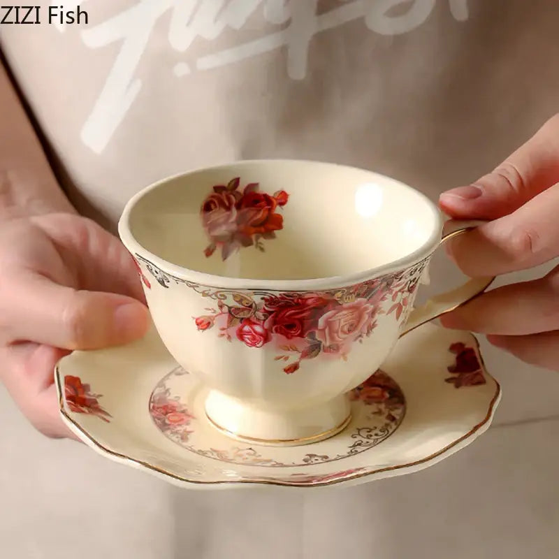 Vintage rose porcelain coffee mug with golden edge dining room set