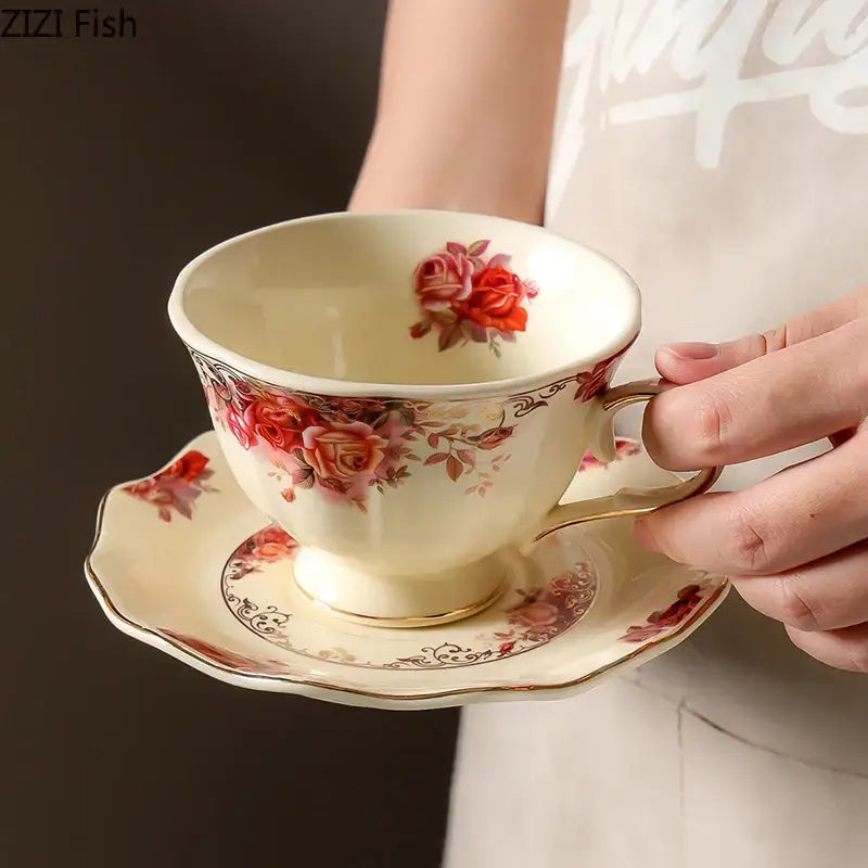 Vintage rose porcelain coffee mug with golden edge dining room set
