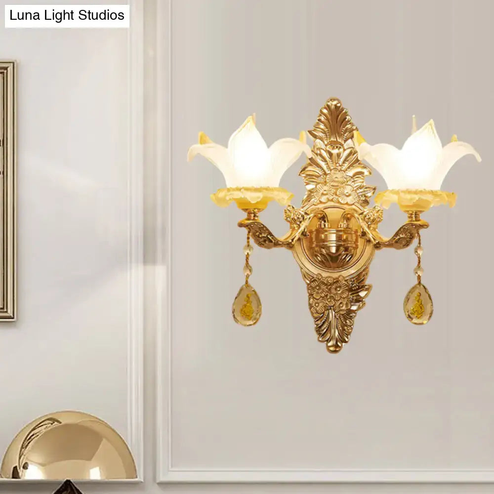 Vintage style gold opal glass wall light bedroom crystal sconce