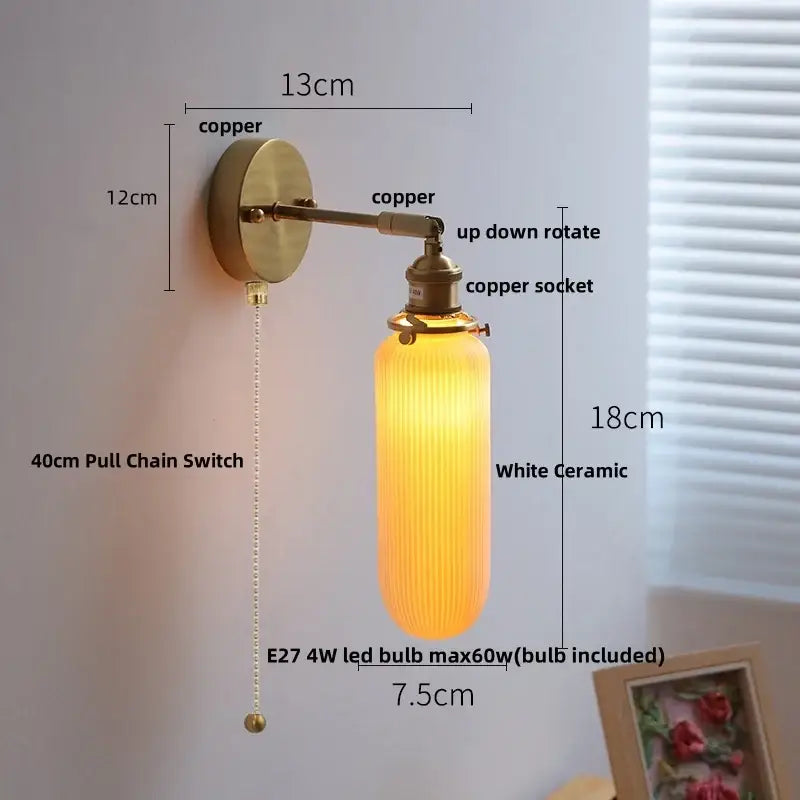 Vintage white ceramic and copper canopy led wall sconce bedroom light