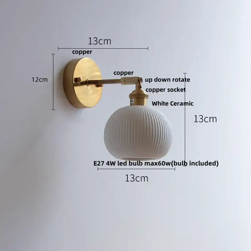 Vintage white ceramic and copper canopy led wall sconce bedroom light
