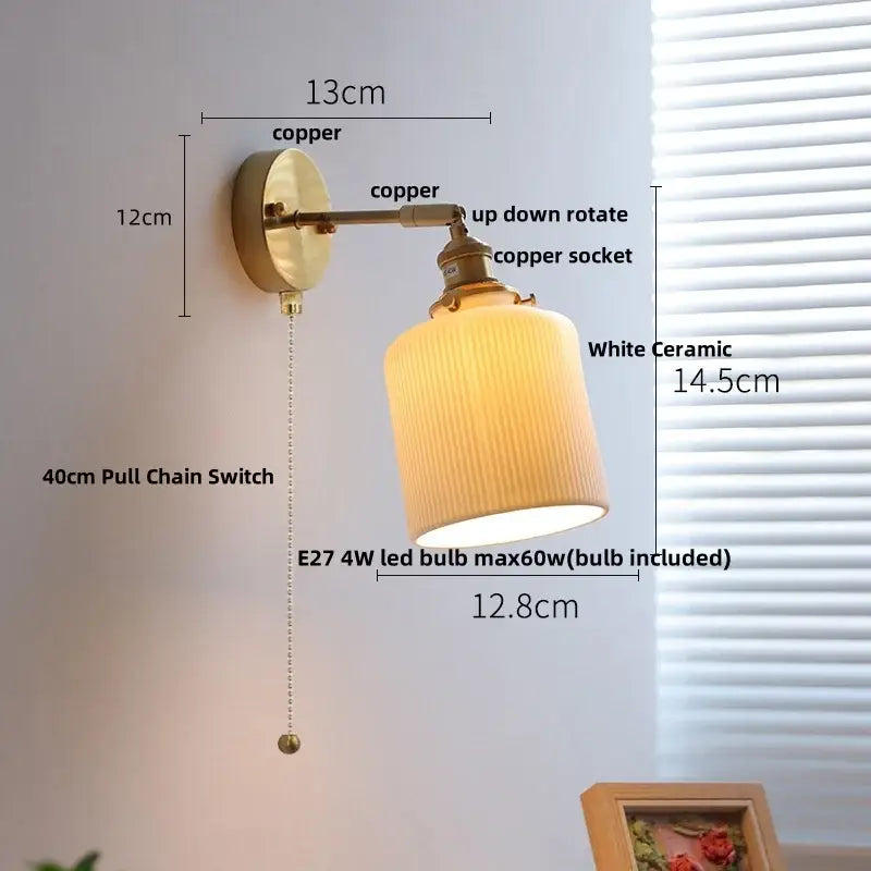 Vintage white ceramic and copper canopy led wall sconce bedroom light
