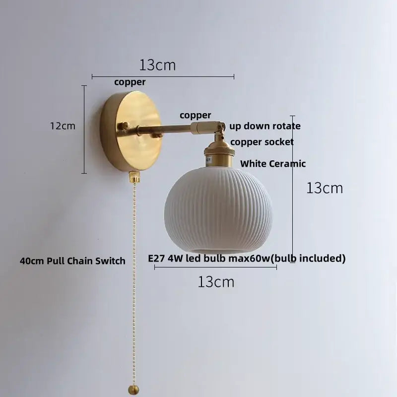 Vintage white ceramic and copper canopy led wall sconce bedroom light