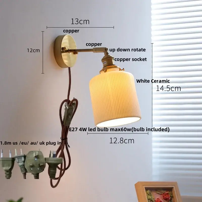 Vintage white ceramic and copper canopy led wall sconce bedroom light
