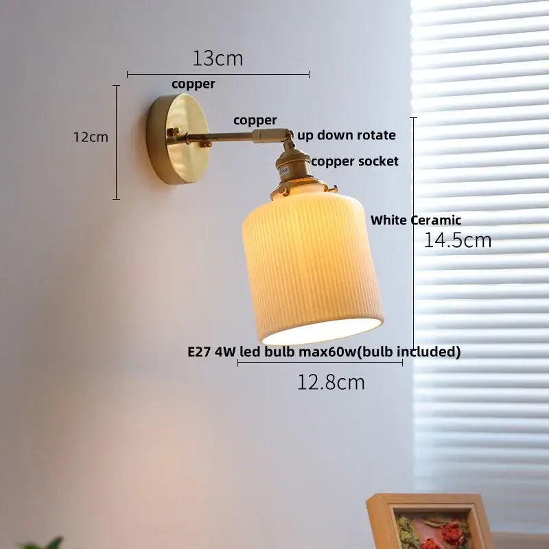 Vintage white ceramic and copper canopy led wall sconce bedroom light
