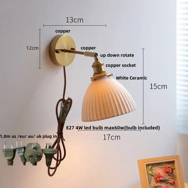 Vintage white ceramic and copper canopy led wall sconce bedroom light