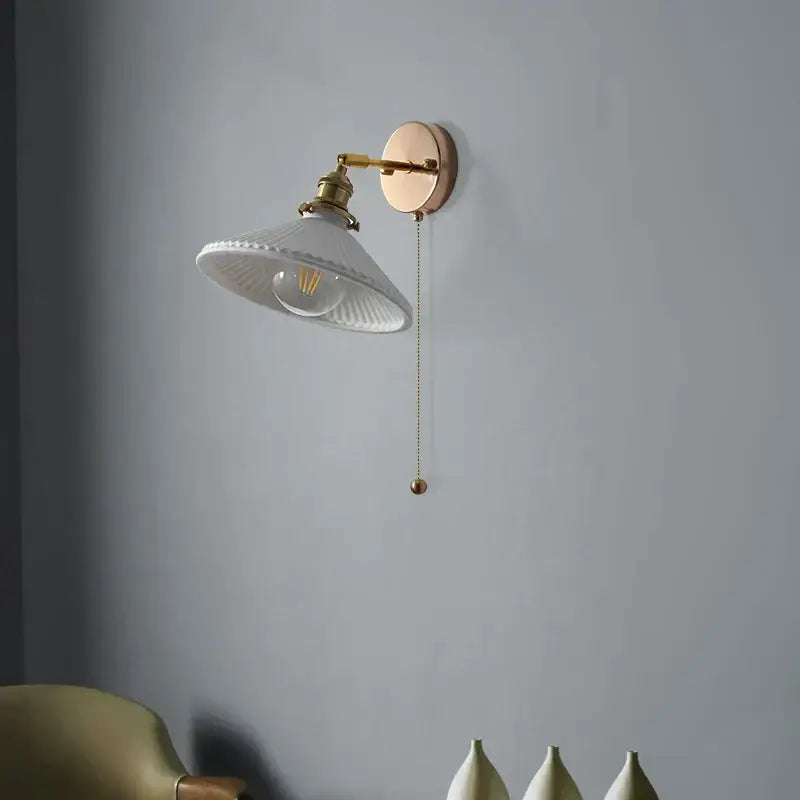Vintage white ceramic and copper canopy led wall sconce bedroom light