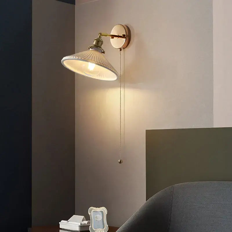 Vintage white ceramic and copper canopy led wall sconce bedroom light