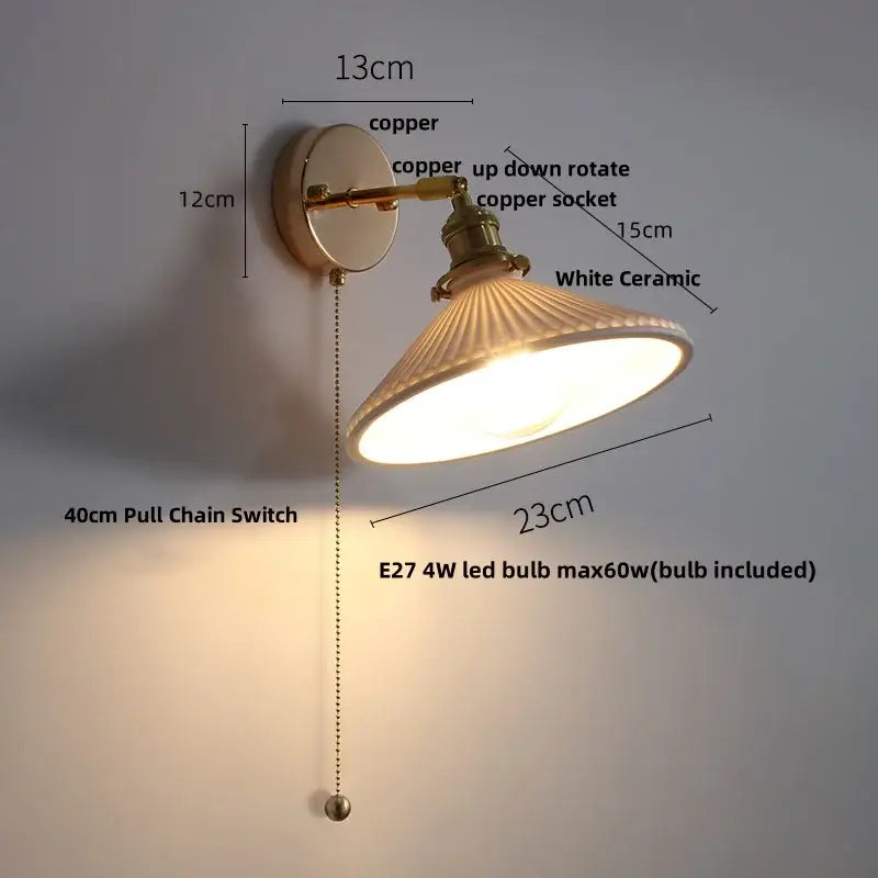 Vintage white ceramic and copper canopy led wall sconce bedroom light