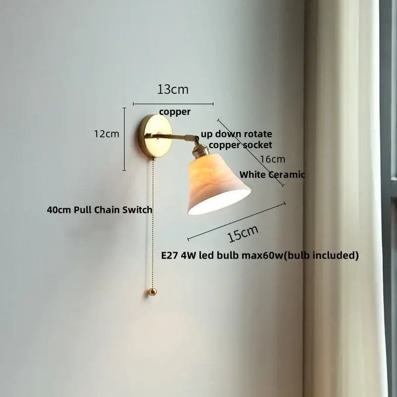 Vintage white ceramic and copper canopy led wall sconce bedroom light