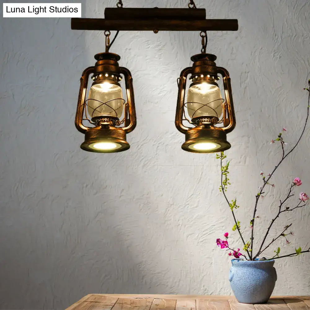 Vintage wood and copper lantern island light kitchen fixture