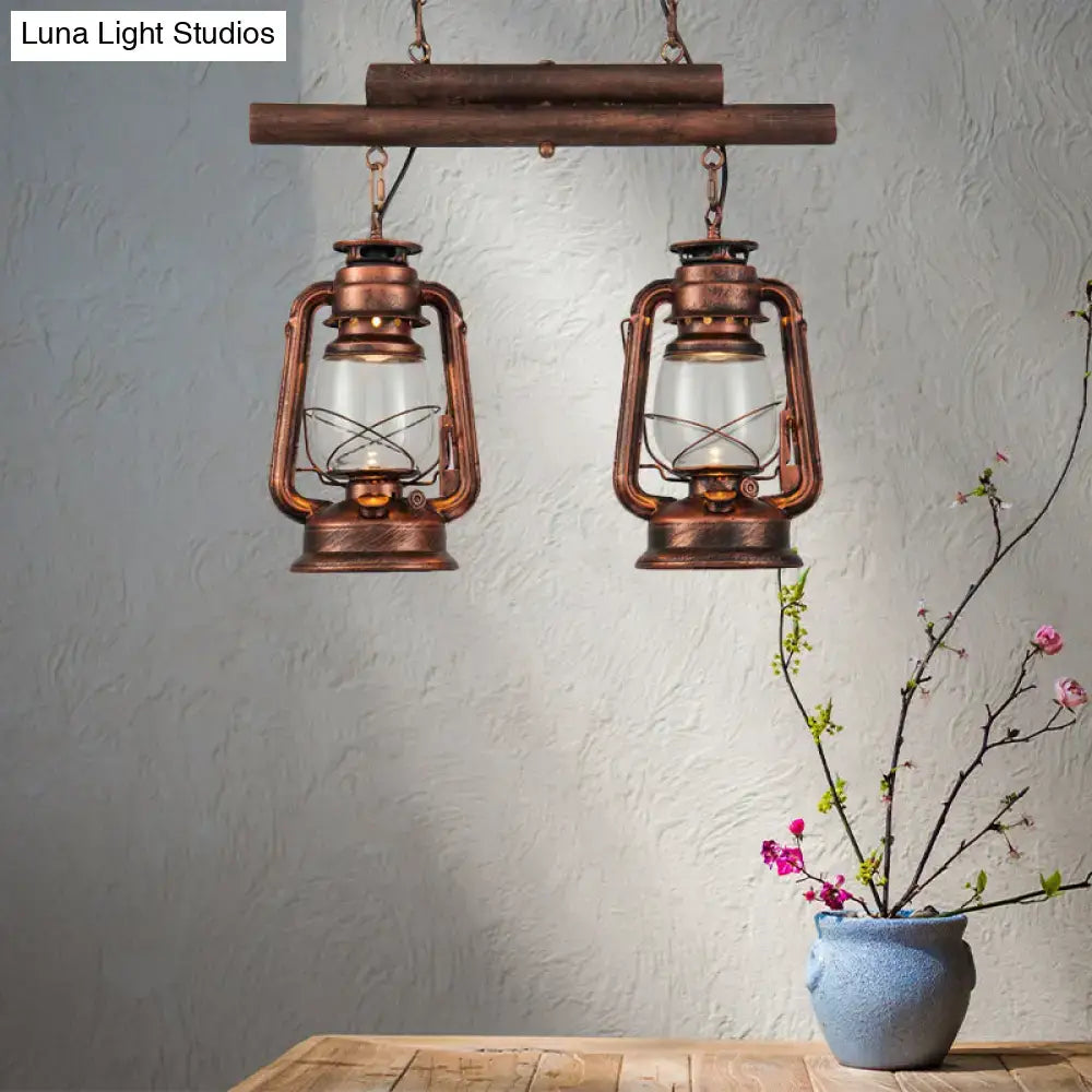 Vintage wood and copper lantern island light kitchen fixture