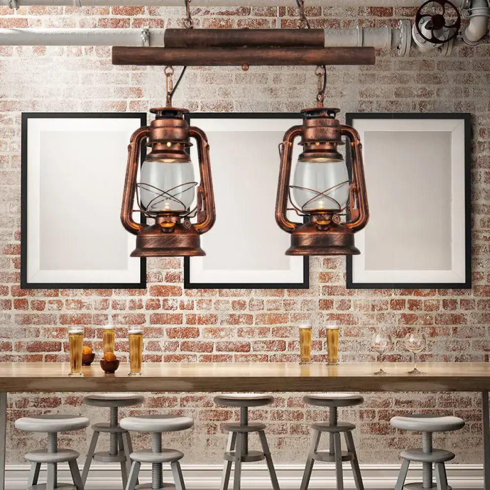 Vintage wood and copper lantern island light kitchen fixture