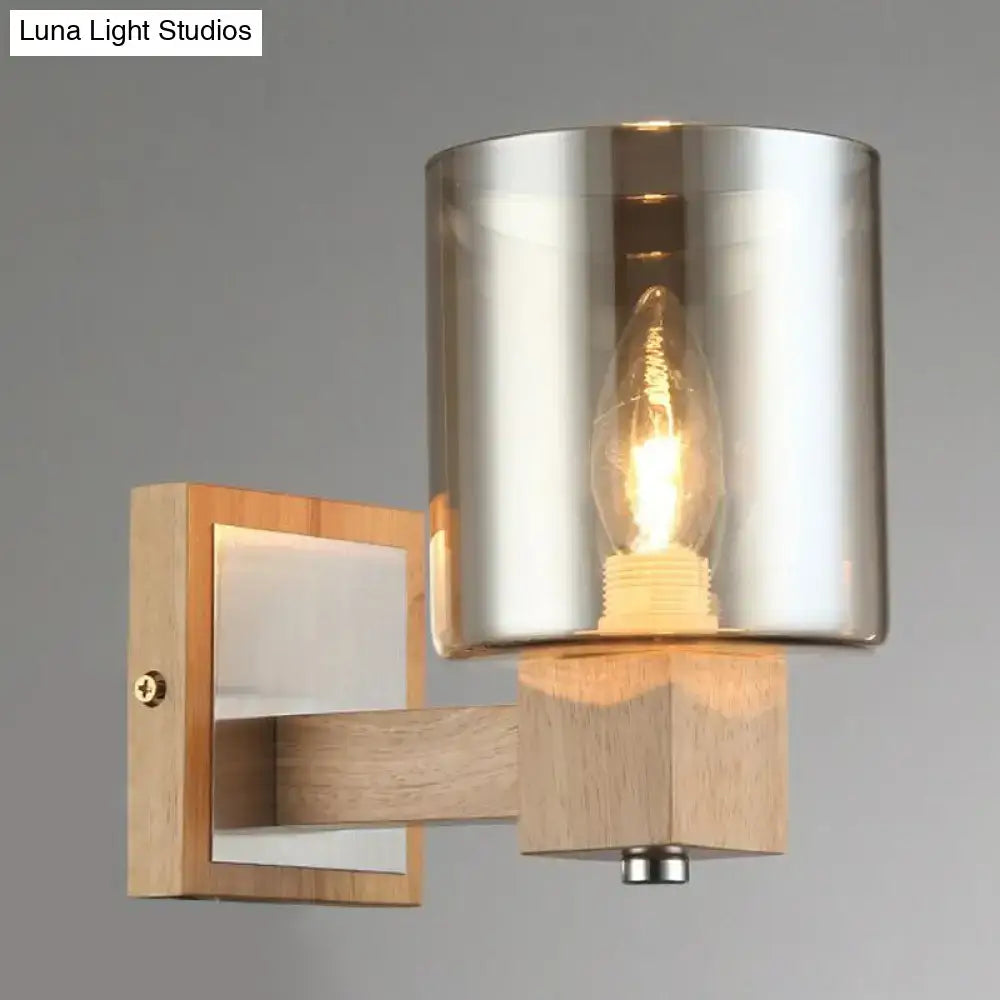 Vintage wood and smoke glass shade wall lamp – bedroom sconce