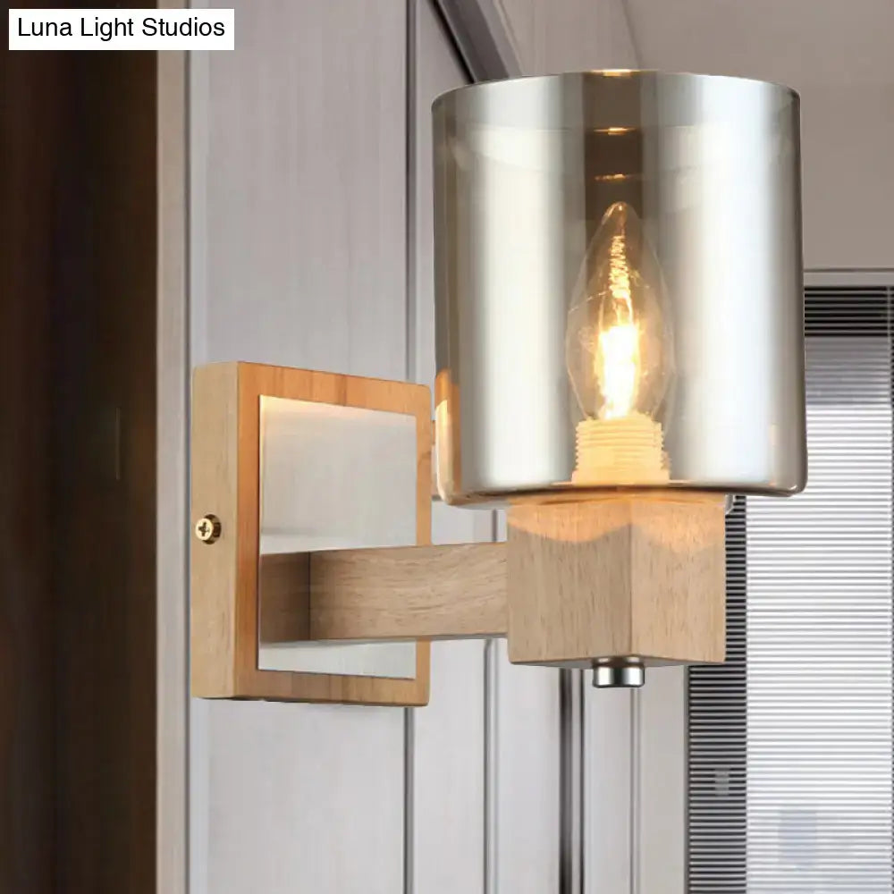 Vintage wood and smoke glass shade wall lamp – bedroom sconce