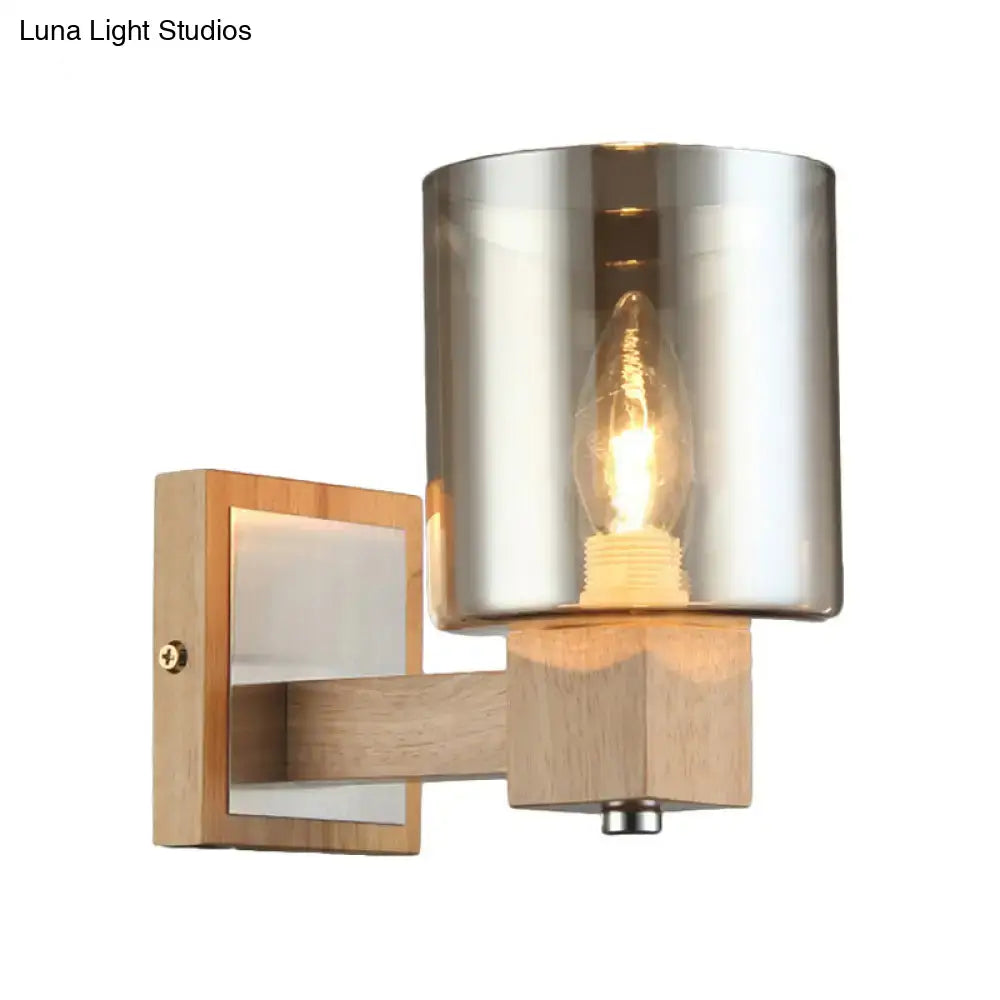 Vintage wood and smoke glass shade wall lamp – bedroom sconce