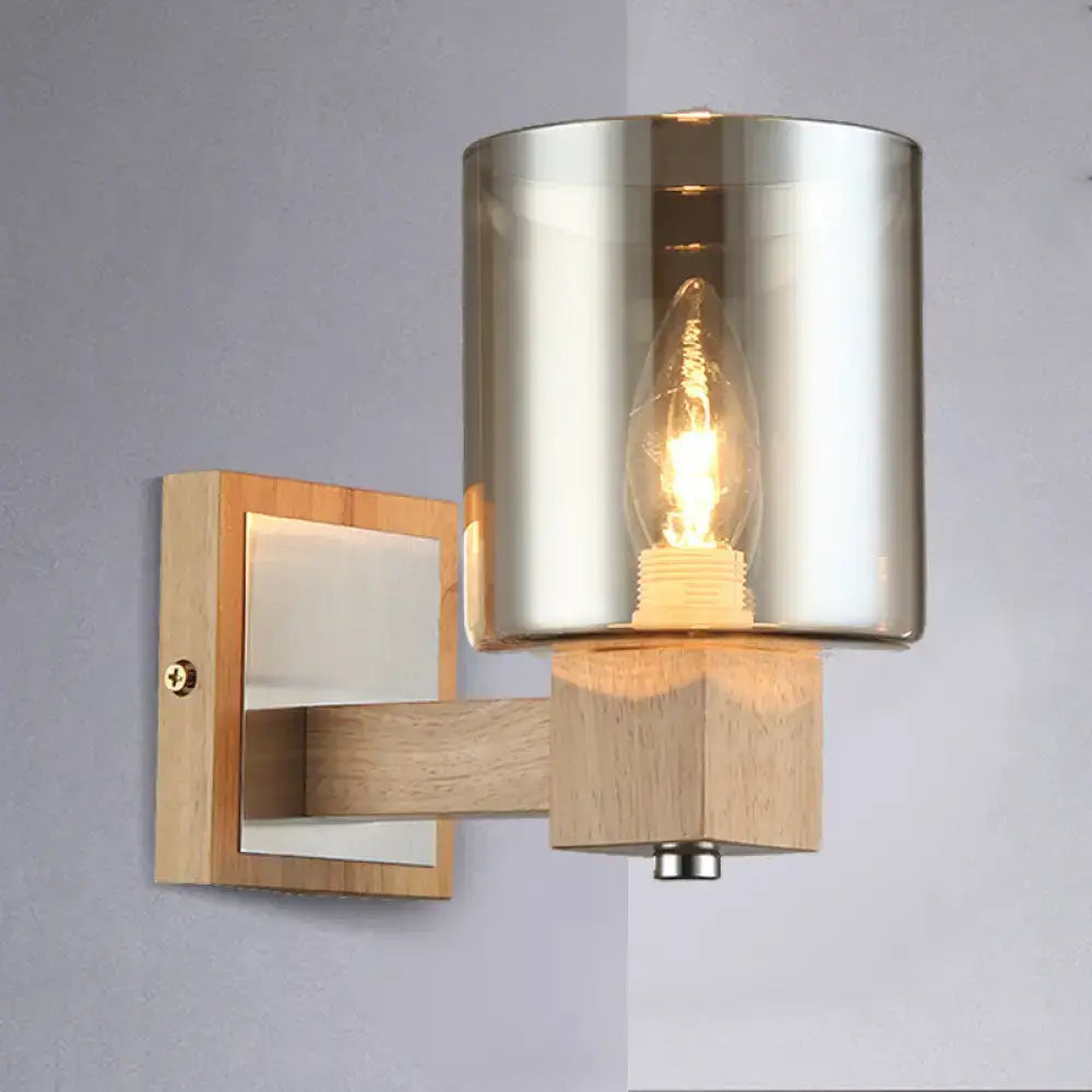 Vintage wood and smoke glass shade wall lamp – bedroom sconce