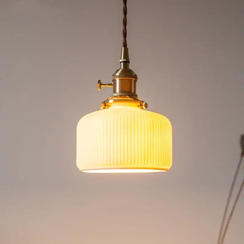 Vintage yellow ribbed glass led pendant lights for kitchen dining room