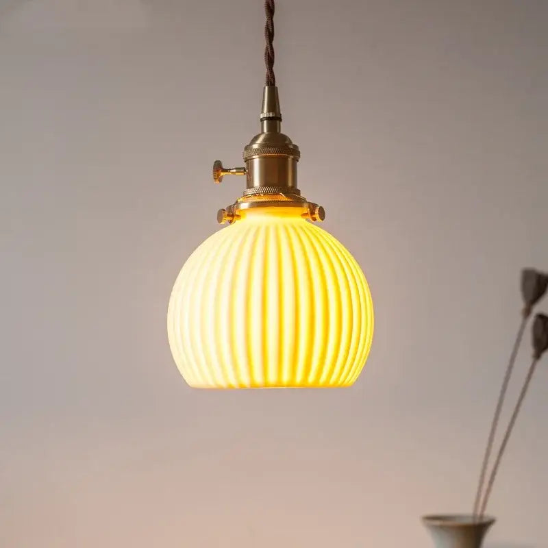 Vintage yellow ribbed glass led pendant lights for kitchen dining room