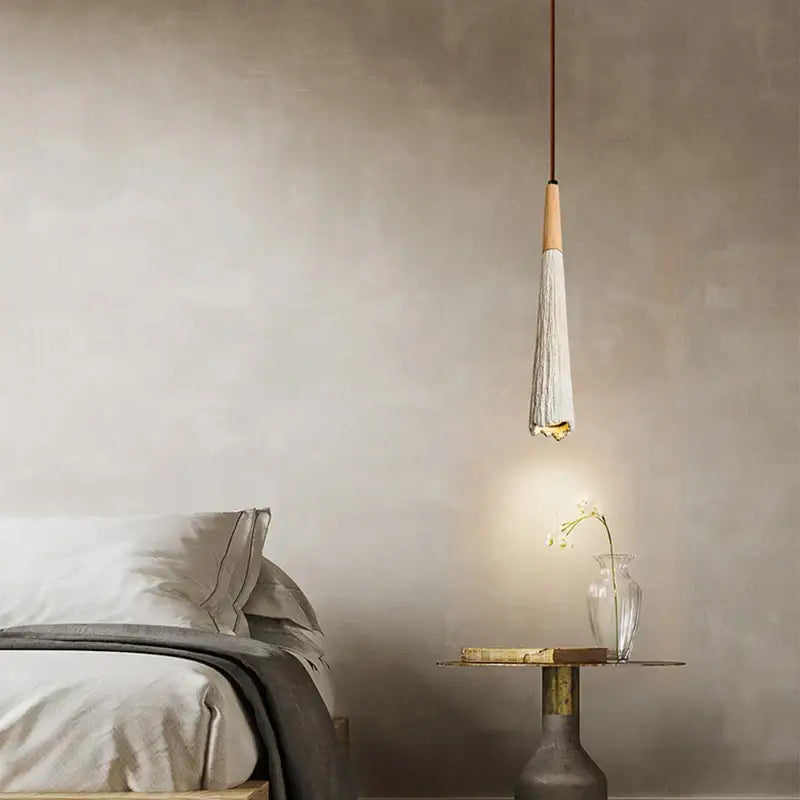 Wabi sabi beige cement pendant light dining room wood top