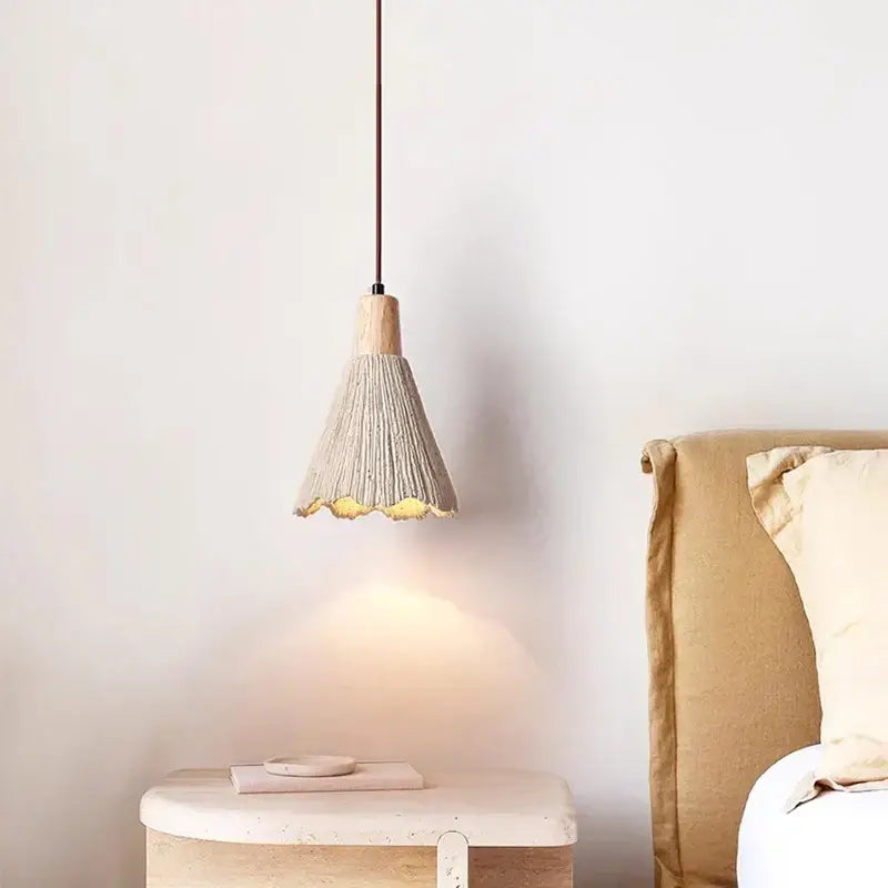 Wabi sabi beige cement pendant light dining room wood top