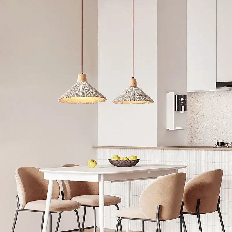 Wabi sabi beige cement pendant light dining room wood top