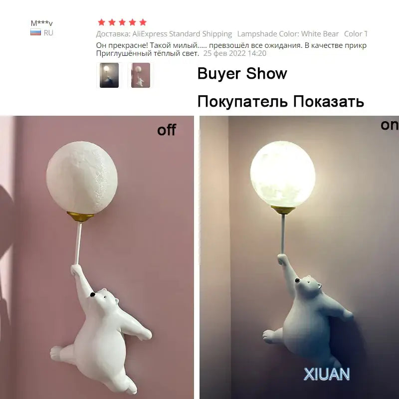 Whimsical blue pink & white bear wall lamp for kids bedroom
