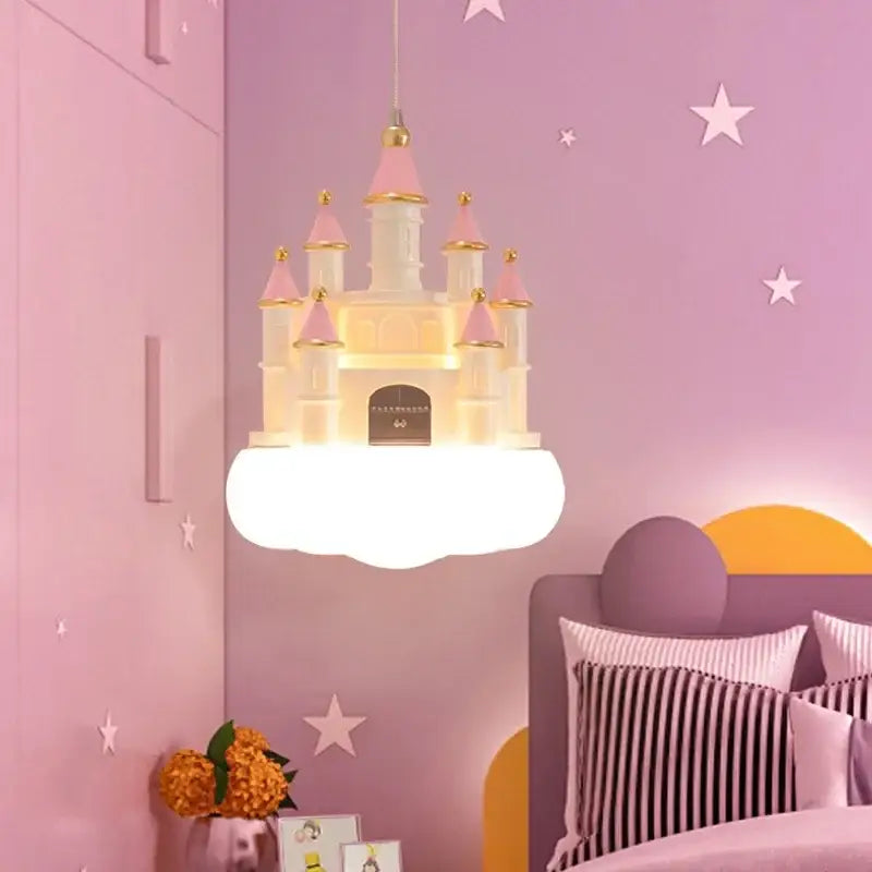 Whimsical pink & white castle kids chandelier led bedroom light