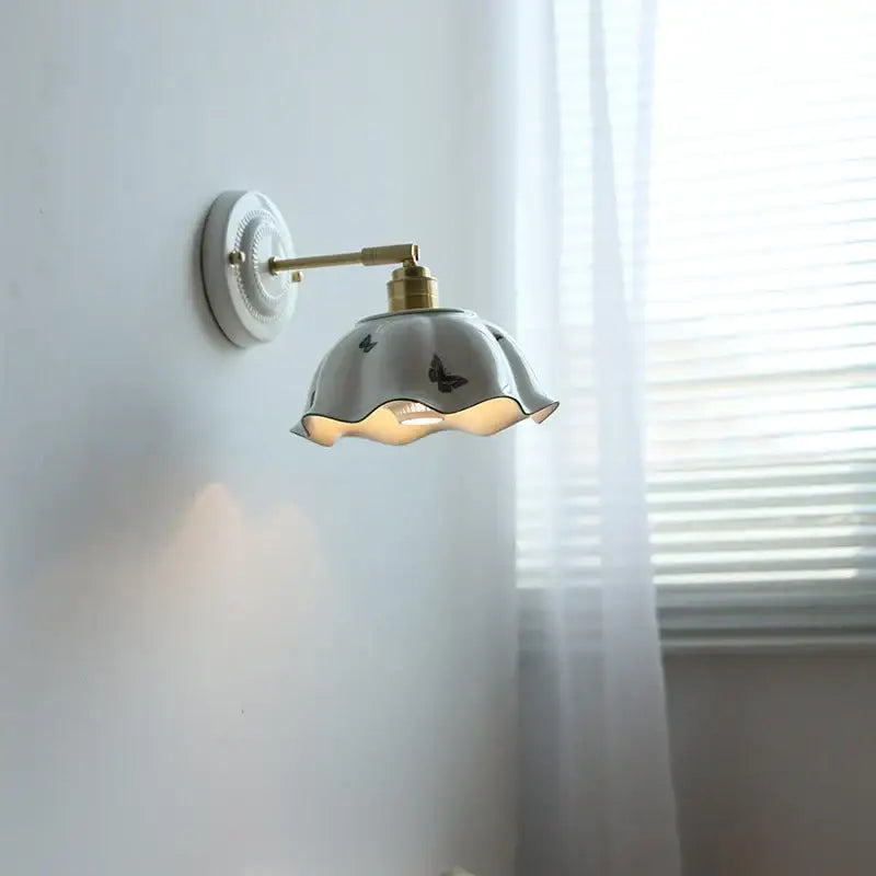 White butterfly ceramic led wall lamp bedroom scalloped sconce