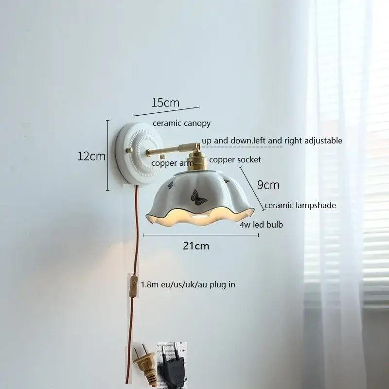 White butterfly ceramic led wall lamp bedroom scalloped sconce