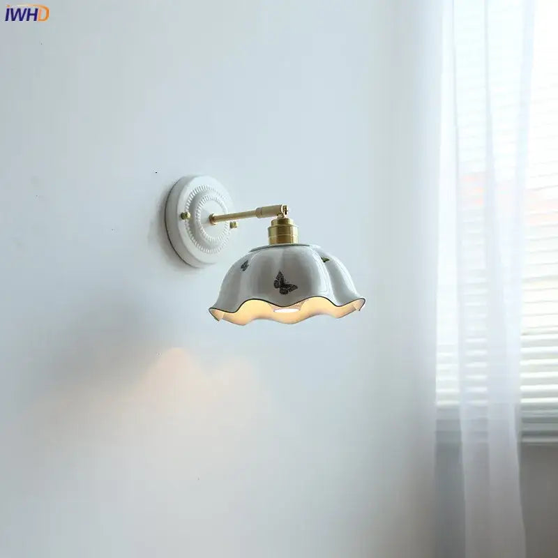 White butterfly ceramic led wall lamp bedroom scalloped sconce