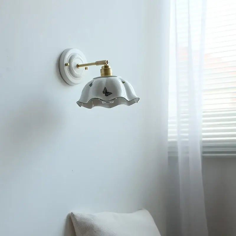 White butterfly ceramic led wall lamp bedroom scalloped sconce