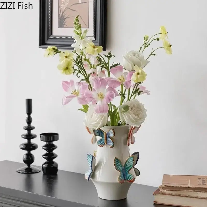 White butterfly ceramic vase living room floral decor