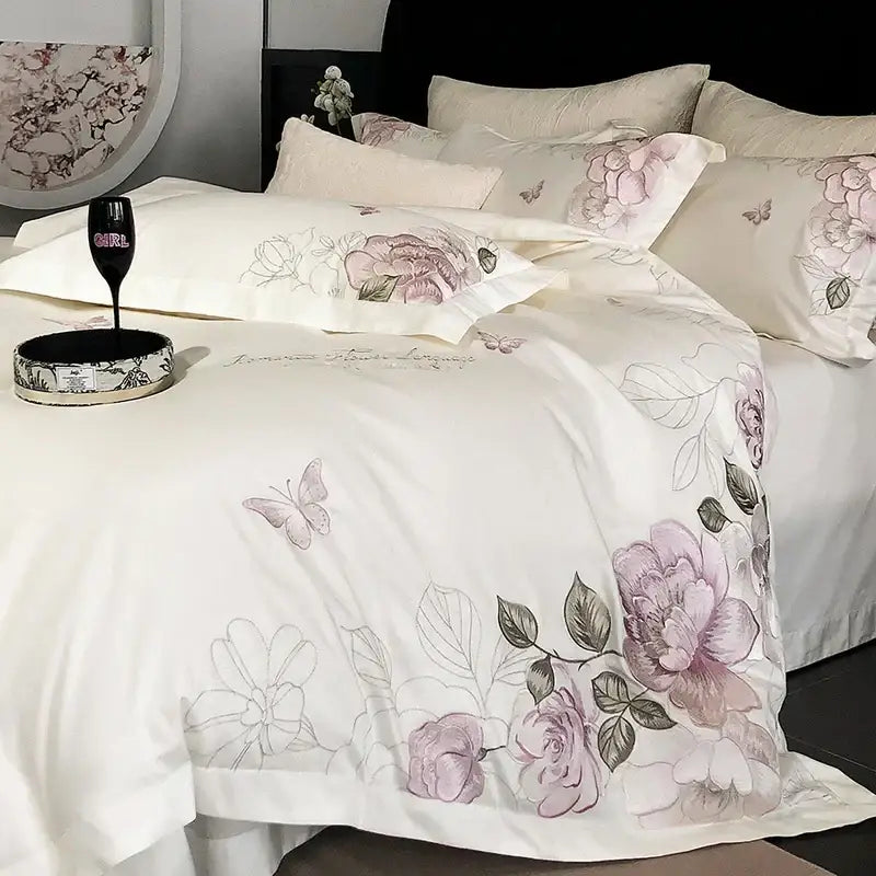 White butterfly flowers embroidery egyptian cotton bedroom bedding set
