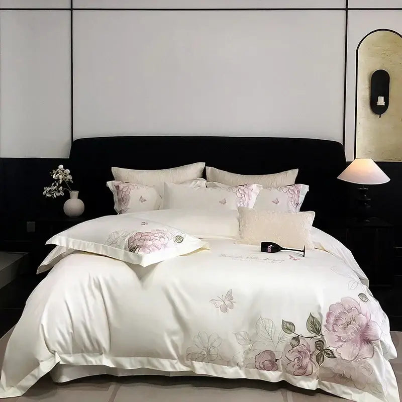 White butterfly flowers embroidery egyptian cotton bedroom bedding set