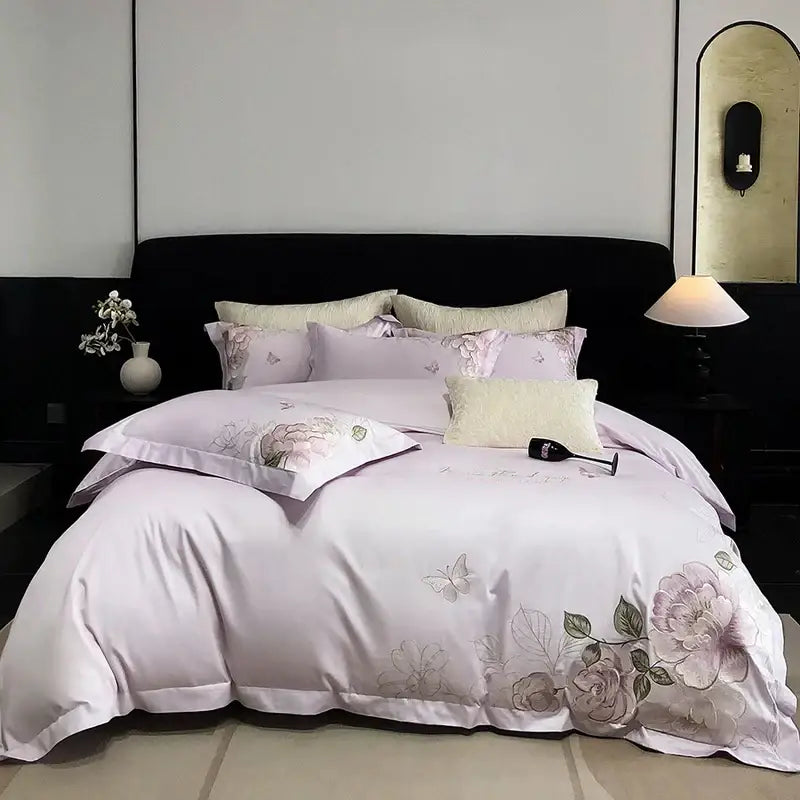 White butterfly flowers embroidery egyptian cotton bedroom bedding set